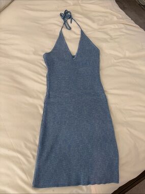 Ribbed Halter Knit Dress in Dusty Blue
